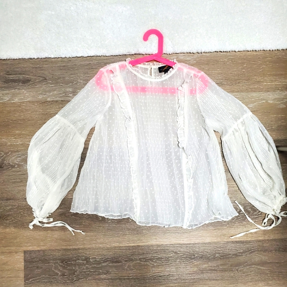 Jane Plus One Long Bell Sleeve See Through Blouse with Ruffles Sz S